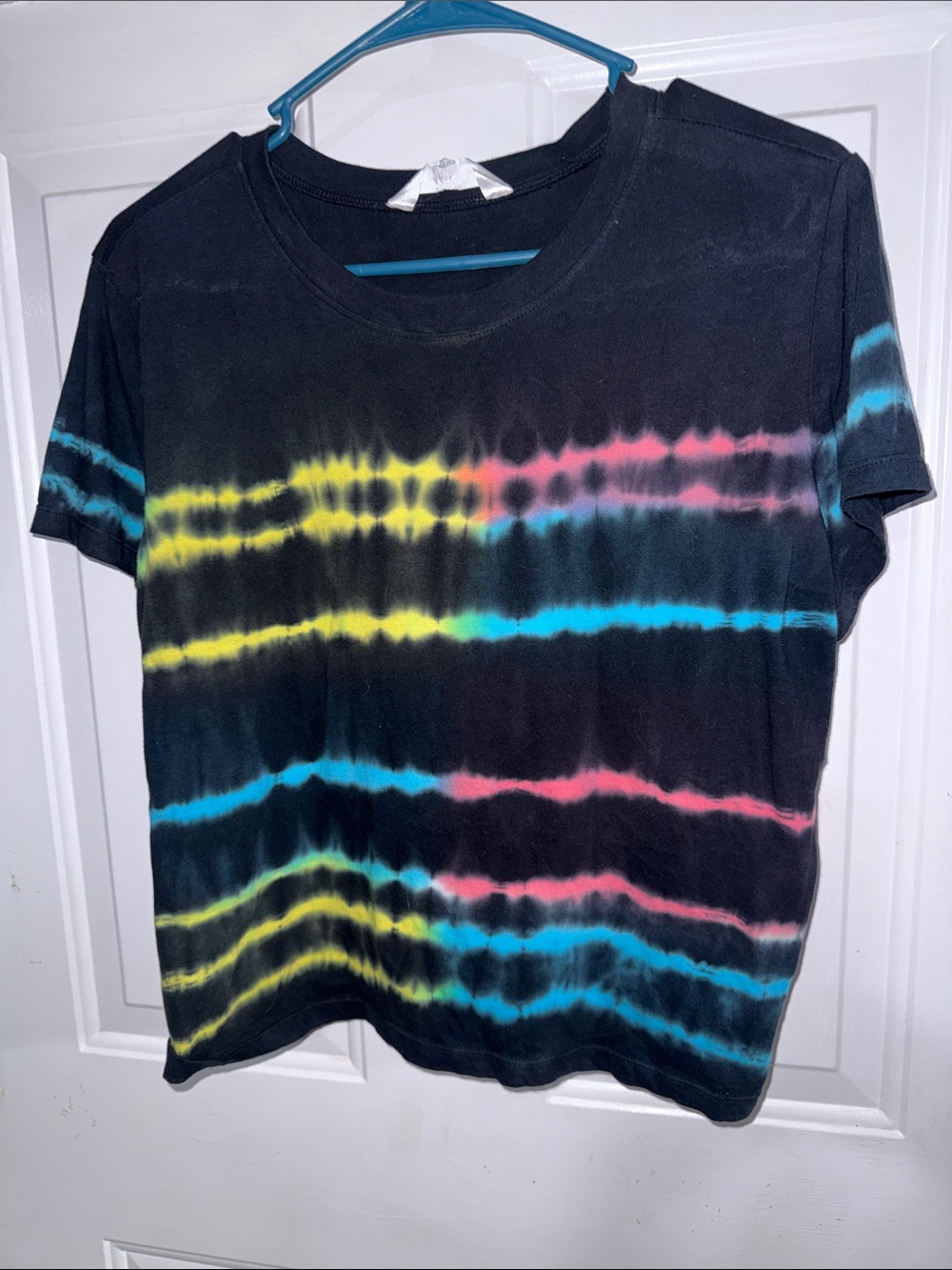Tie-Dye Black Crop Top with Yellow, Blue & Pink Stripes